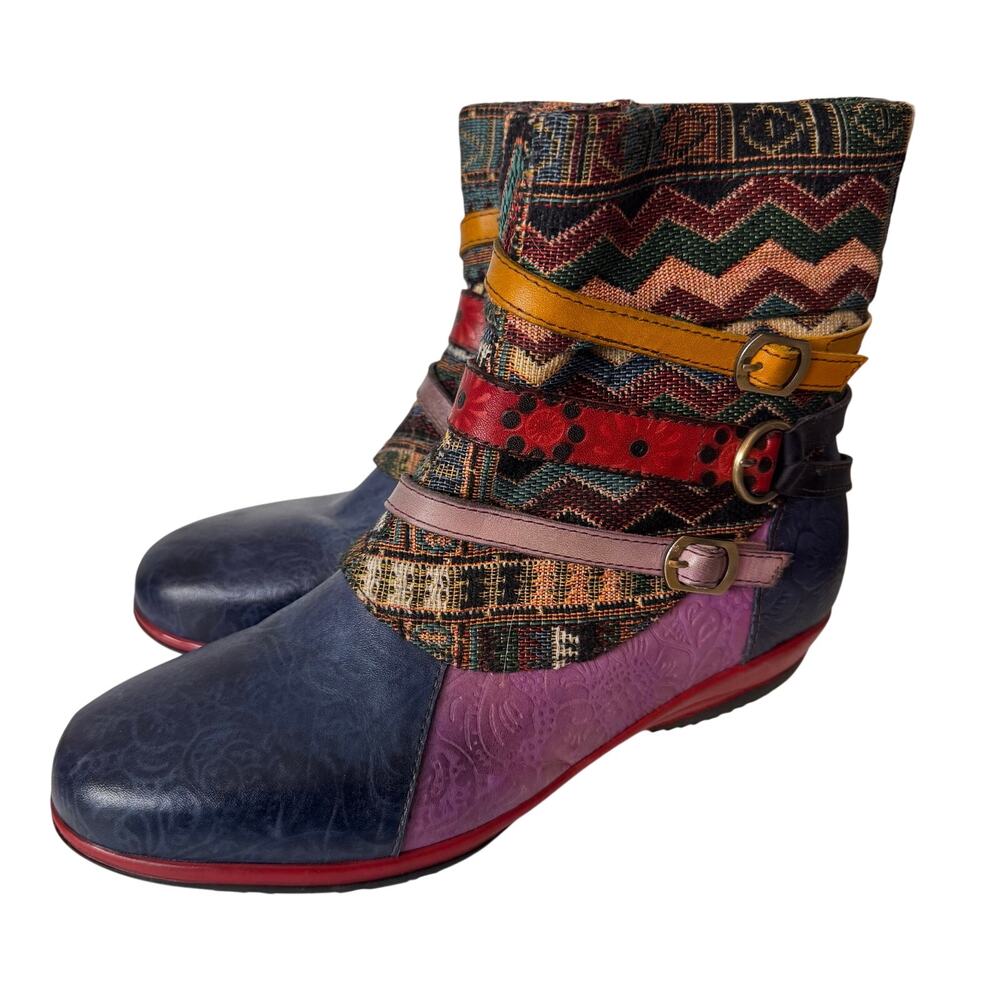 SoCofy Women’s Floral Embossed Patchwork Leather Ankle Boots Double Buckle Zip